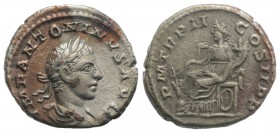 Elagabalus (218-222). AR Denarius (18mm, 3.02g, 12h). Rome, AD 219. Laureate and draped bust r. R/ Fortuna seated l. on throne, holding cornucopia and...