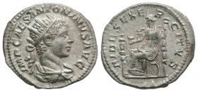 Elagabalus (218-222). AR Antoninianus (22mm, 3.85g, 12h). Rome, 219-20. Radiate, draped and cuirassed bust r. R/ Fides seated l., holding signum and e...
