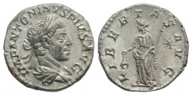 Elagabalus (218-222). AR Denarius (17mm, 2.47g, 6h). Rome, 220-2. Laureate and draped bust r. R/ Libertas standing l., holding pileus and vindicta; st...