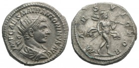 Elagabalus (218-222). AR Antoninianus (22mm, 4.55g, 6h). Rome, 219. Radiate, draped and cuirassed bust r. R/ Mars advancing r., holding spear and trop...