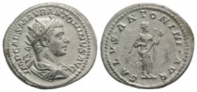 Elagabalus (218-222). AR Antoninianus (23mm, 4.24g, 12h). Rome, 218-9. Radiate and draped bust r. R/ Salus standing r., feeding serpent from patera. R...