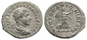 Elagabalus (218-222). AR Antoninianus (23mm, 5.55g, 12h). Rome, AD 219. Radiate, draped and cuirassed bust r. R/ Victory advancing r., holding palm fr...
