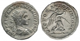 Elagabalus (218-222). AR Antoninianus (21mm, 5.20g, 12h). Rome, AD 219. Radiate, draped and cuirassed bust r. R/ Victory advancing r., holding palm fr...