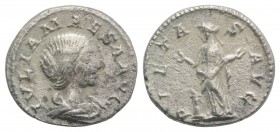 Julia Maesa (Augusta, 218-224/5). Fourrèe Denarius (18mm, 2.27g, 12h). Rome, 218-220. Draped bust r. R/ Pietas standing facing, head l., raising both ...