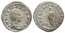 Julia Maesa (Augusta, 218-224/5). AR Denarius (19mm, 3.51g, 6h). Rome, 220-2. Draped bust r. R/ Felicitas standing l., holding patera over altar and l...