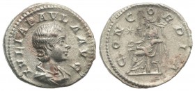 Julia Paula (Augusta, 219-220). AR Denarius (19mm, 3.30g, 6h). Rome, AD 220. Draped bust r. R/ Concordia seated l. on throne, holding patera; star to ...
