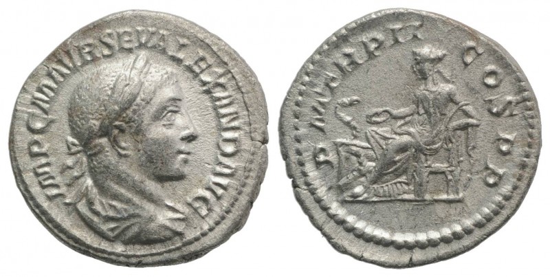 Severus Alexander (222-235). AR Denarius (19.5mm, 3.31g, 12h). Rome, AD 222. Lau...
