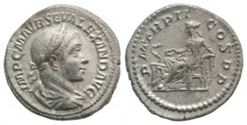 Severus Alexander (222-235). AR Denarius (19.5mm, 3.31g, 12h). Rome, AD 222. Laureate and draped bust r., seen from behind. R/ Salus seated l., feedin...