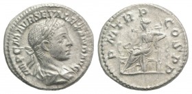 Severus Alexander (222-235). AR Denarius (19mm, 3.21g, 6h). Rome, AD 222. Laureate and draped bust r., seen from behind. R/ Salus seated l., feeding f...