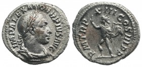 Severus Alexander (222-235). AR Denarius (20mm, 3.07g, 12h). Rome, AD 234. Laureate, draped and cuirassed bust r. R/ Sol standing l., raising hand and...