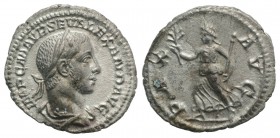 Severus Alexander (222-235). AR Denarius (19mm, 2.17g, 12h). Rome, AD 226. Laureate and draped bust r. R/ Pax advancing l., holding branch and sceptre...