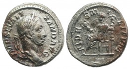 Severus Alexander (222-235). AR Denarius (19mm, 2.96g, 12h). Rome, AD 231. Laureate bust r., slight drapery. R/ Fides seated l., holding signum in eac...