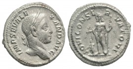 Severus Alexander (222-235). AR Denarius (19mm, 3.01g, 1h). Rome, AD 231. Laureate head r. R/ Jupiter standing l., holding thunderbolt and sceptre; sm...