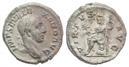 Severus Alexander (222-235). AR Denarius (19mm, 3.55g, 6h). Rome, AD 230. Laureate head r. R/ Virtus seated l. on cuirass, holding branch and sceptre....