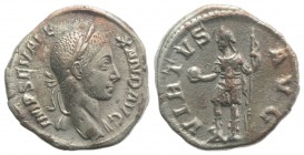 Severus Alexander (222-235). AR Denarius (18mm, 3.23g, 12h). Rome, 228-231. Laureate bust r., with slight drapery. R/ Emperor, in military dress, stan...