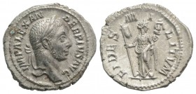 Severus Alexander (222-235). AR Denarius (20mm, 3.05g, 6h). Rome, AD 231. Laureate bust r., slight drapery. R/ Fides standing facing, head r., holding...