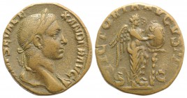 Severus Alexander (222-235). Æ Sestertius (27mm, 17.51g, 1h). Rome, AD 230. Laureate head r., slight drapery on l. shoulder. R/ Victory standing r., f...