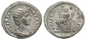 Julia Mamaea (Augusta, 222-235). AR Denarius (20mm, 3.14g, 6h). Rome, AD 230. Draped bust r., wearing stephane. R/ Felicitas seated l. on chair, holdi...