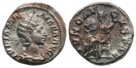 Julia Mamaea (Augusta, 222-235). AR Denarius (17mm, 2.98g, 6h). Rome, AD 231. Diademed and draped bust r. R/ Juno seated l., holding flower and infant...