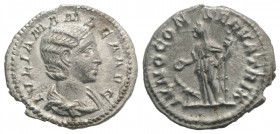 Julia Mamaea (Augusta, 222-235). AR Denarius (20mm, 2.68g, 12h). Rome, AD 222. Draped bust r. R/ Juno standing slightly l., holding patera and sceptre...