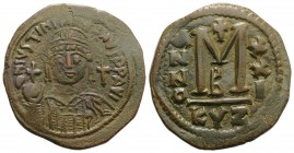 Justinian I (527-565). Æ 40 Nummi (37mm, 18.75g, 6h). Cyzicus, year 21 (547/8). Diademed, helmeted and cuirassed bust facing, holding globus cruciger;...