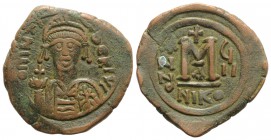 Justin II and Sophia (565-578). Æ 40 Nummi (30mm, 15.19g, 12h). Cyzicus, year 3 (567/8). Justin, holding globus cruciger, and Sophia, holding crucifor...