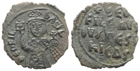 Theophilus (829-842). Æ 40 Nummi (30mm, 6.70g, 6h). Constantinople, 830/1-842. Crowned half-length figure facing, wearing loros, labarum holding globu...