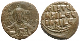 Anonymous, c. 969-976. Æ 40 Nummi (25mm, 5.98g, 5h). Constantinople. Facing bust of Christ, holding Gospels; two pellets in each limb of nimbus. R/ Le...
