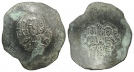 Alexius III (1195-1204). BI Aspron Trachy (31mm, 3.51g, 6h). Constantinople. Bust of Christ facing. R/ Alexius and St. Constantine standing facing, ho...