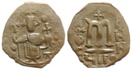 Islamic, Time of the Rashidun. Pseudo-Byzantine types, c. AH 11-55 / AD 632-675. Æ Fals (25mm, 4.56g, 12h). Imperial Byzantine figure standing facing,...