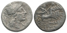 M. Carbo, Rome, 122 BC. Fake Denarius (18mm, 2.47g, 1h). Helmeted head of Roma r.; laurel branch to l. R/ Jupiter driving galloping quadriga r., hurli...