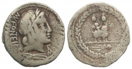 Mn. Fonteius C.f., Rome, 85 BC. Fake Denarius (19mm, 2.27g, 12h). Laureate head of Vejovis (or Apollo) r.; Roma monogram below chin, thunderbolt below...