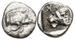 Greek
MYSIA. Kyzikos. (450-400 BC)
AR Hemiobol (6.9mm 0.29g)