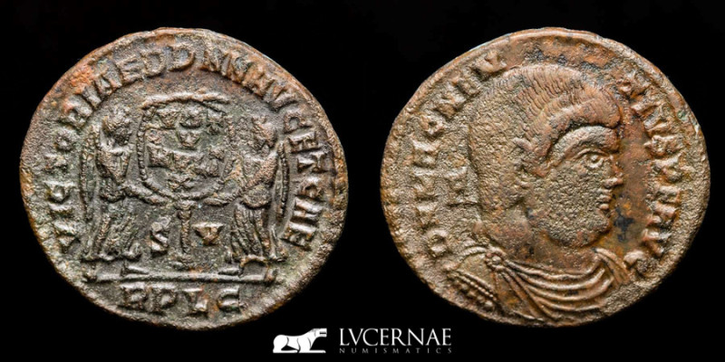 Magnentius AE23. Lugdunum. SV/RPLG. Victories. VOT V MVLT X. 

Bare-headed, drap...