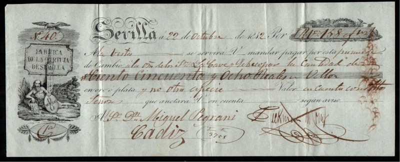 Letra de cambio (primera de cambio). Sevilla, 22 de octubre de 1842. 158 Reales ...