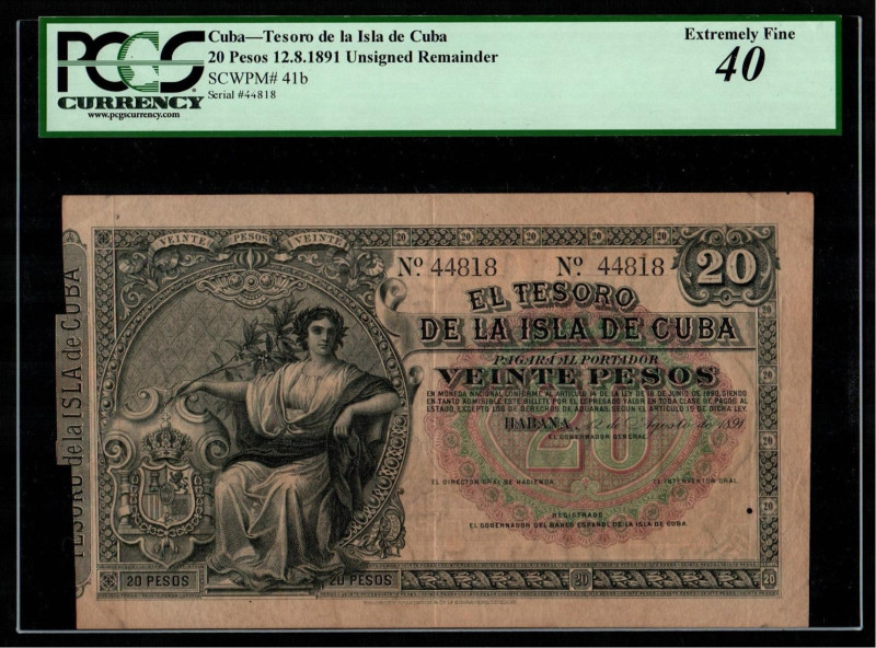 Tesoro de la Isla de Cuba. 12 de agosto de 1891. 20 pesos. Con numeración. Sin f...