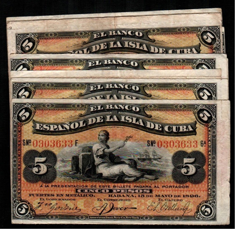 Banco Español de la Isla de Cuba. 15 mayo 1896. 5 pesos. PLATA estampillado en r...