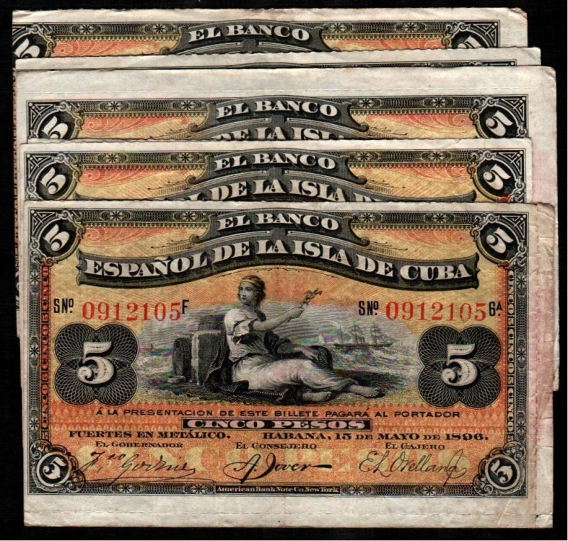 Banco Español de la Isla de Cuba. 15 mayo 1896. 5 pesos. PLATA estampillado en r...