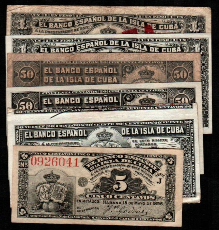 Banco Español de la Isla de Cuba. 15 de mayo de 1896. 5 y 50 (2) centavos y 1 pe...