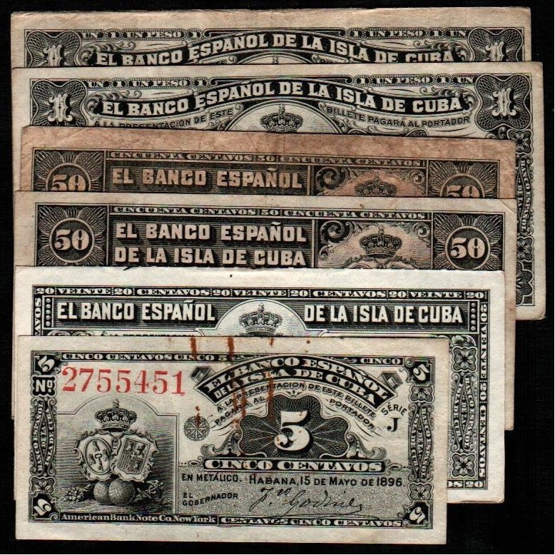 Banco Español de la Isla de Cuba. 15 de mayo de 1896. 5 y 50 (2) centavos y 1 pe...