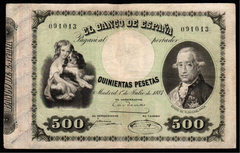 1 de julio de 1884. 500 pesetas. E290. Leve restauración del doblez central, en ...