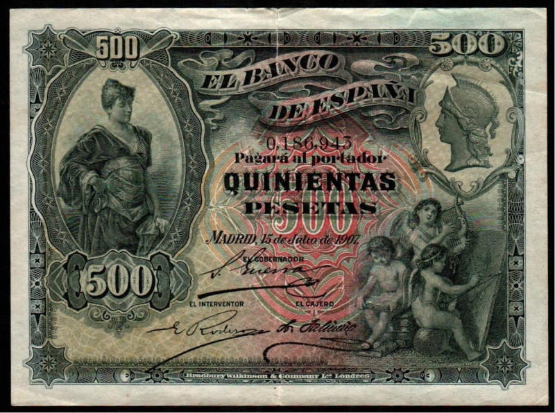 15 de julio de 1907. 500 pesetas. E321. Roto en parte superior del doblez centra...