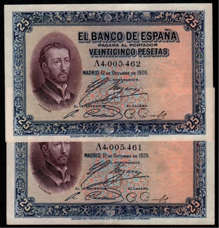 12 de octubre de 1926. 25 pesetas. Serie A. Pareja correlativa. E325a. Ligeramen...