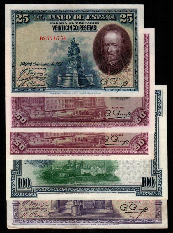 15 de agosto de 1928. 100 pesetas. Sin serie. E355. 50 pesetas. Series C y D. E3...