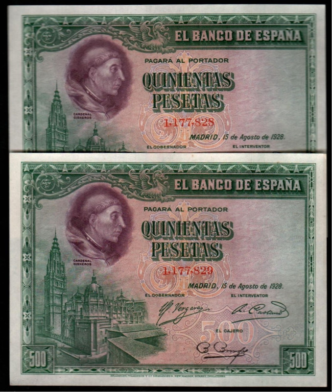 15 de agosto de 1928. 500 pesetas. Pareja correlativa. E356. Piquito ligeramente...