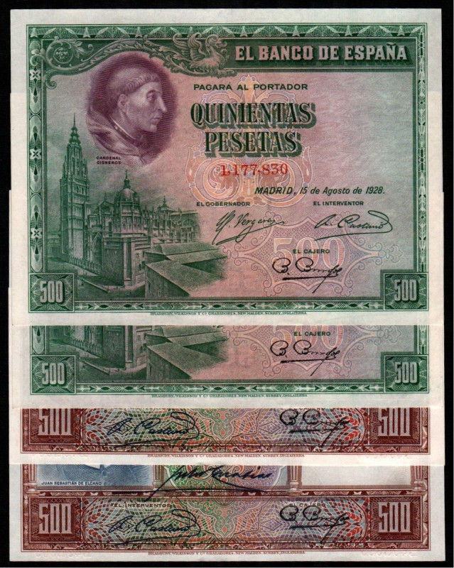 15 de agosto de 1928. 500 pesetas. Pareja correlativa. E356. 25 de abril de 1931...