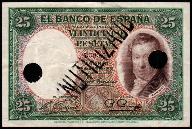 25 de abril de 1931. 25 pesetas. Dos taladros. Estampillado en negro INUTILIZADO...