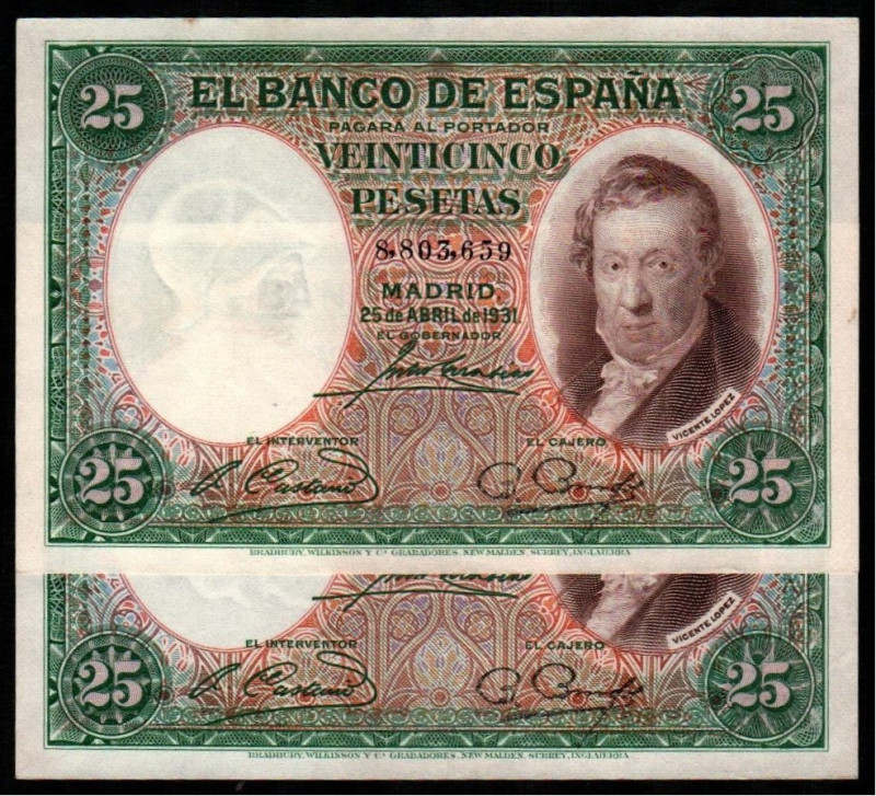 25 de abril de 1931. 25 pesetas. Pareja correlativa. E358. Planchados. EBC. Lote...