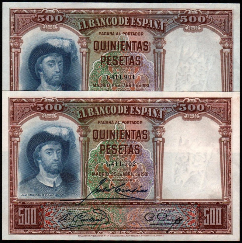 25 de abril de 1931. 500 pesetas. Pareja correlativa. E361. Leve marquita en el ...