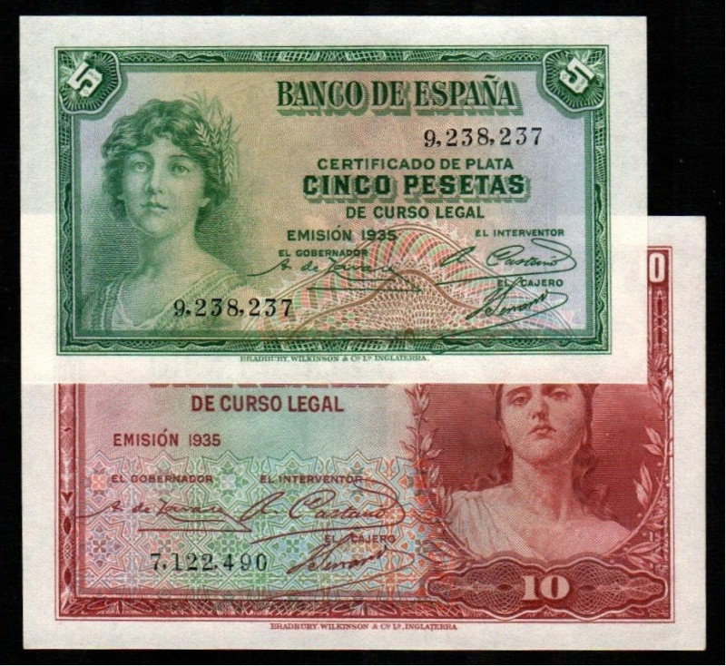 1935. 5 y 10 pesetas. Sin serie. E363 y E364. SC, apresto original. Lote de dos ...